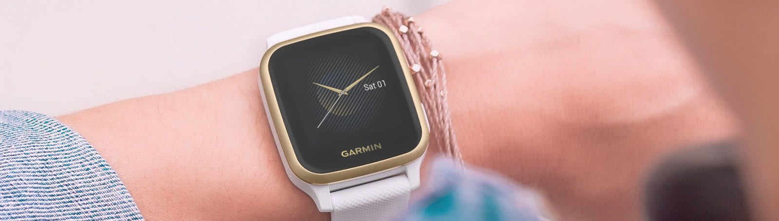 Garmin Venu Sq Music GPS Navy/Light Gold Smartwatch with White/Pink/Berry Straps 