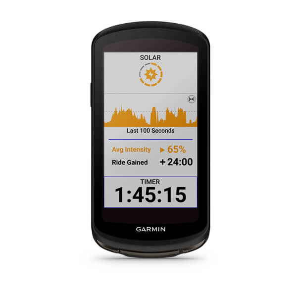 Garmin Edge 1040 Solar - dedicated 'Solar' data screen showing info about gained battery life