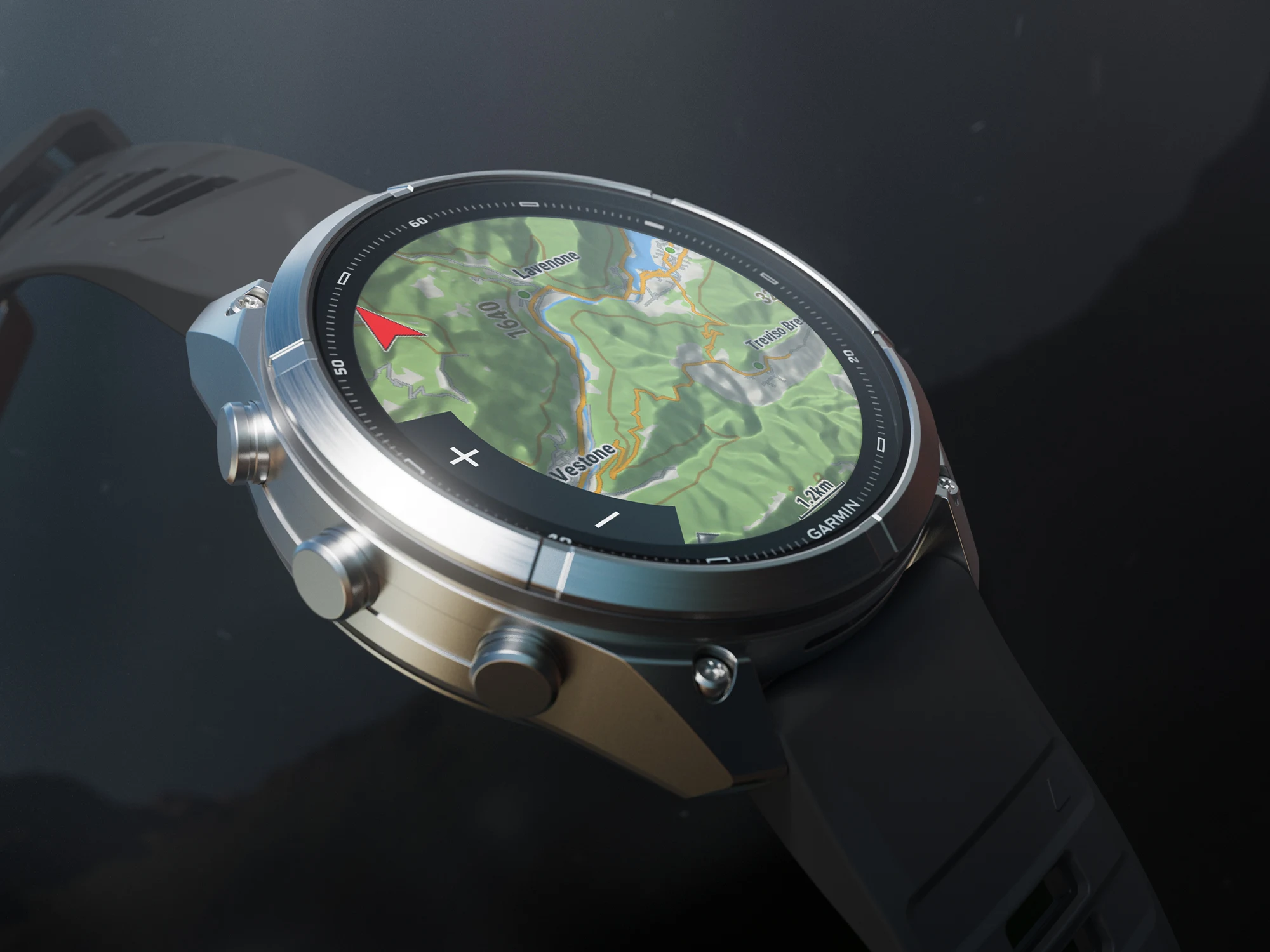 Ekran smartwatcha Garmin z wyznaczoną trasą na kolorowej mapie nawigacyjnej