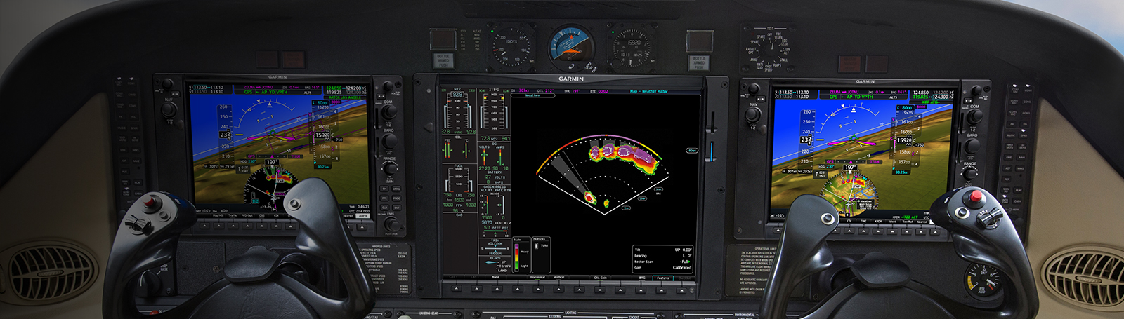 The dash of an airplane showing navigation screens that help with showing weather accuracy.