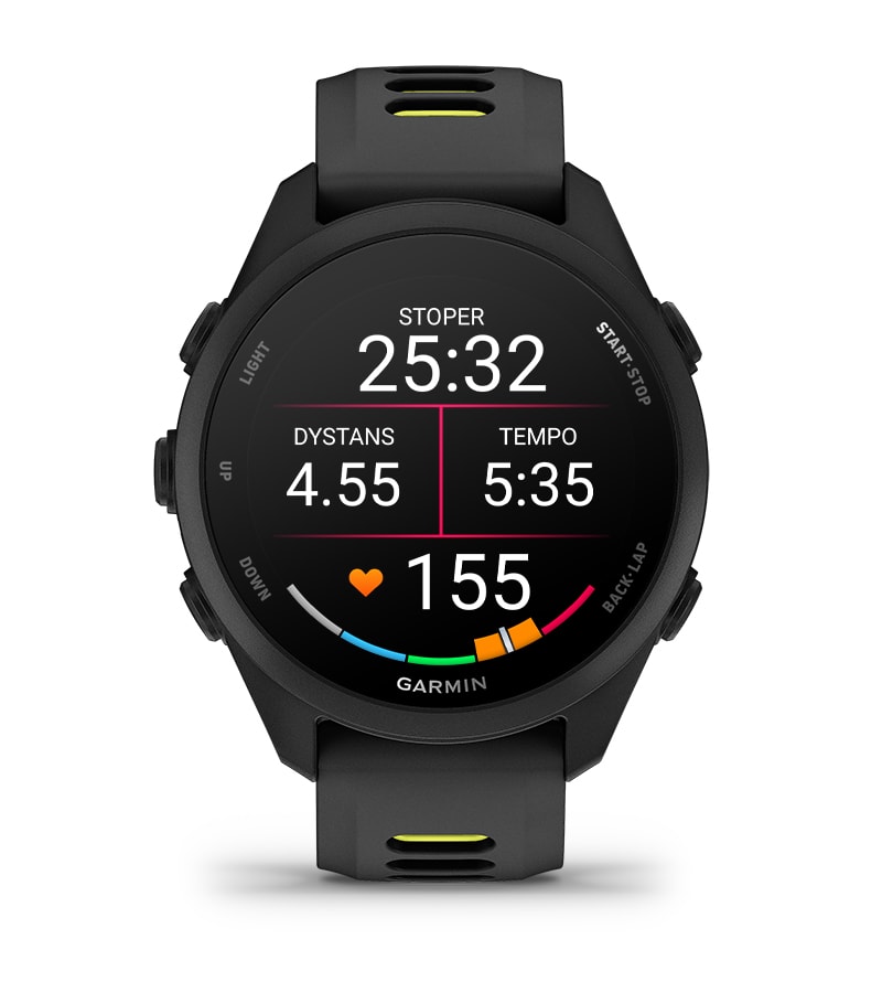 Wyświetlacz zegarka Garmin Forerunner 70 pokazujący tempo, dystans oraz tętno biegacza