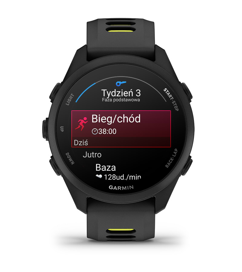 Ilustracja planu treningowego Garmin Coach na ekranie smartwatcha