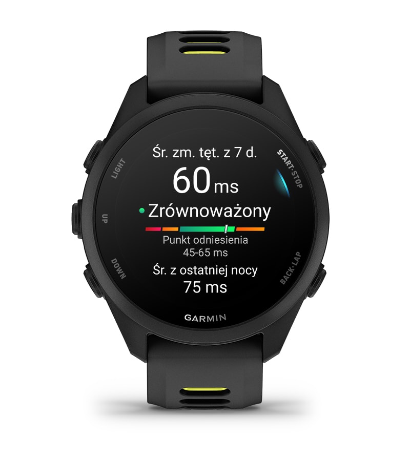 Wykres zmienności tętna HRV monitorowany podczas snu na zegarku Forerunner 70