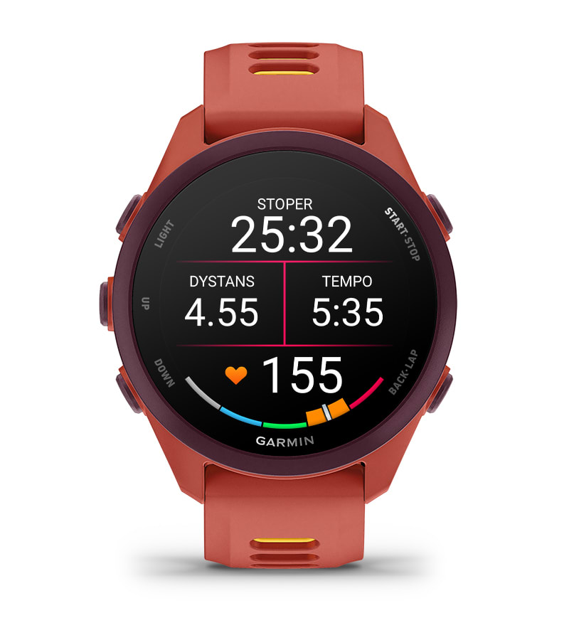 Wyświetlacz zegarka Garmin Forerunner 170 pokazujący tempo, dystans oraz tętno biegacza