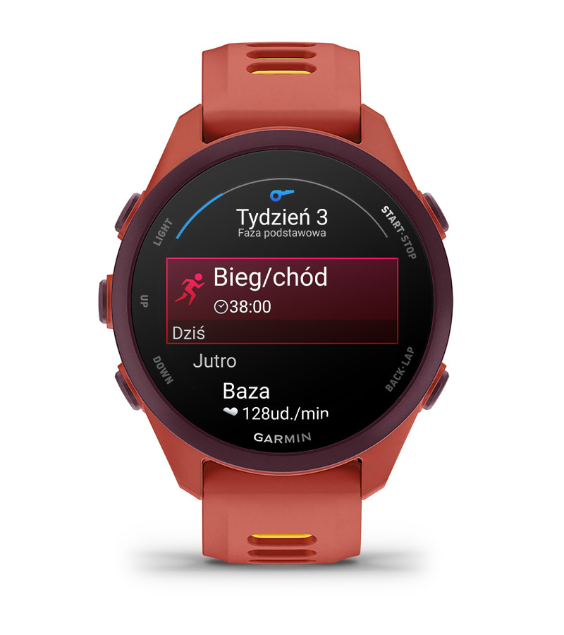 Ilustracja planu treningowego Garmin Coach na ekranie smartwatcha