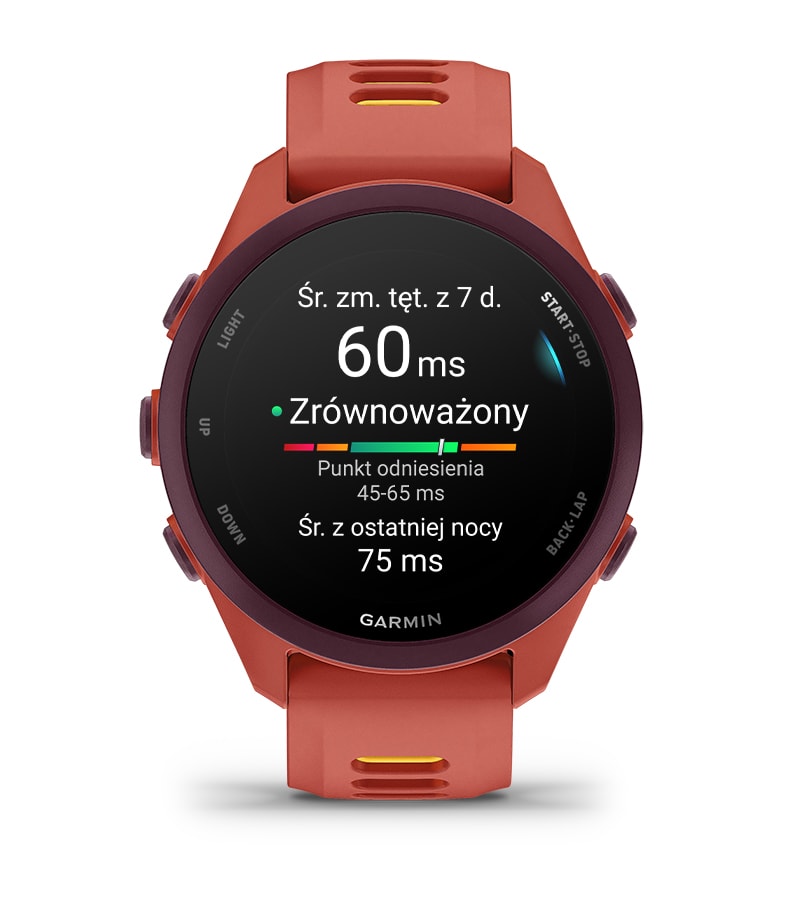 Wykres zmienności tętna HRV monitorowany podczas snu na zegarku Forerunner 70