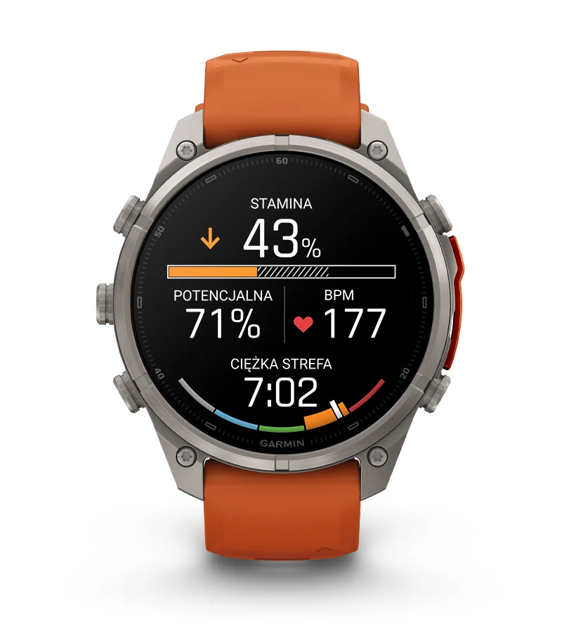 Wskaźniki staminy i wydajności treningowej na ekranie smartwatcha Garmin