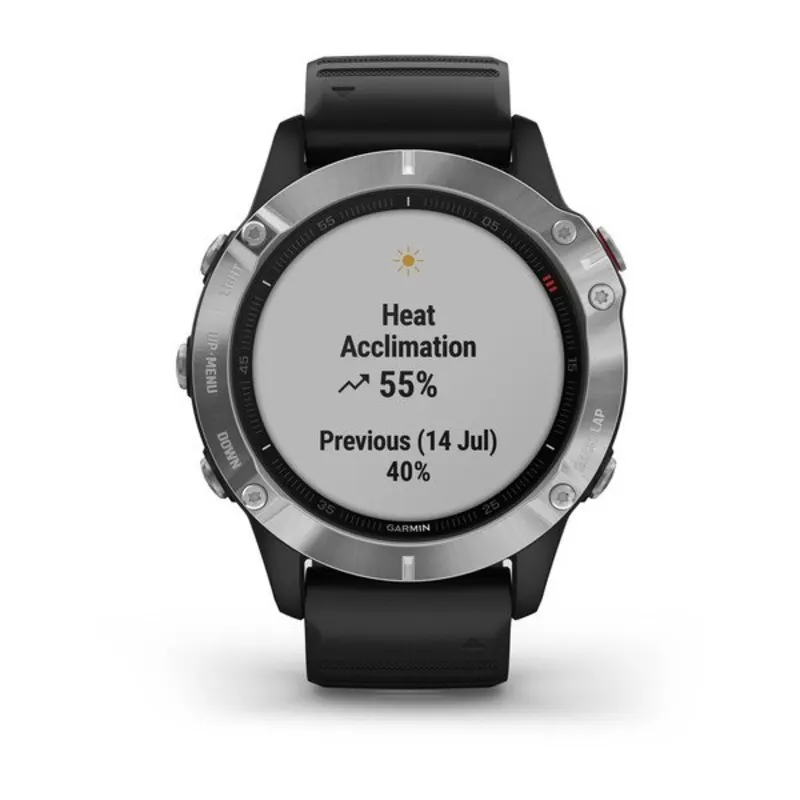 Garmin fenix 6, Premium Multisport GPS Watch, Heat and Altitude Adjusted  V02 Max, Pulse Ox Sensors and Training Load Focus, Silver with Black Band