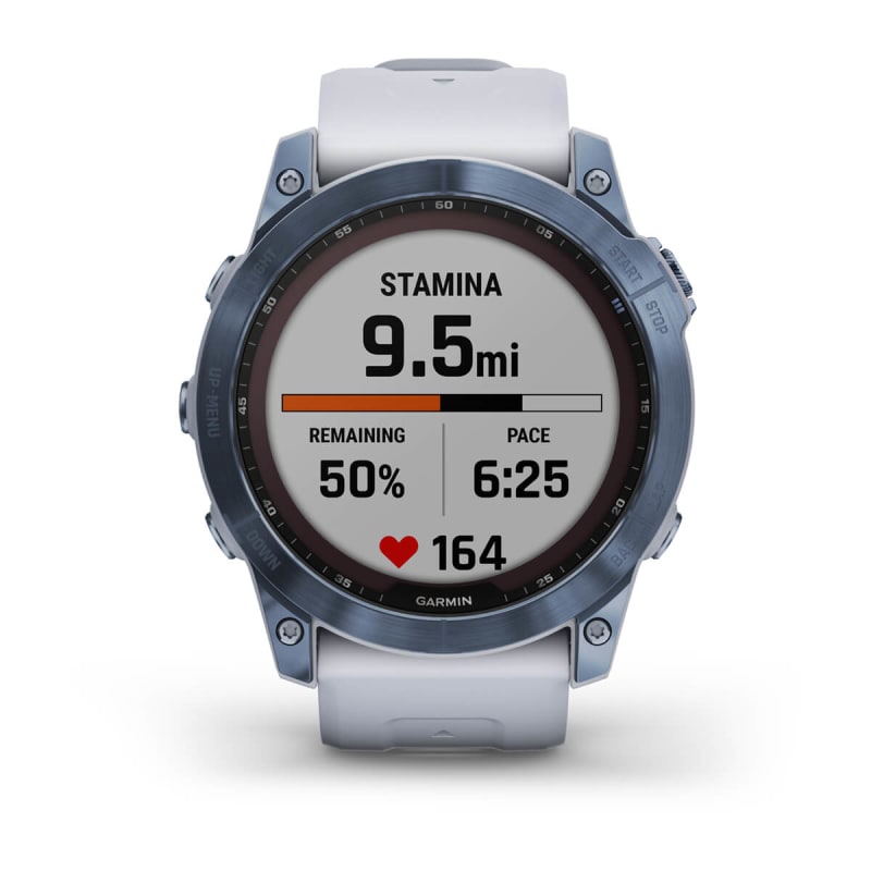 Montres de sport GARMIN, Garmin fenix 7X Sapphire Solar Titane Cobalt Blue  avec Bracelet silicone Blanc