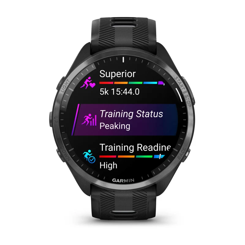 Garmin Forerunner 965 Premium GPS Running and Triathlon 1.850 in Smartwatch  con pantalla táctil AMOLED, bisel de titanio DLC gris carbón con banda de